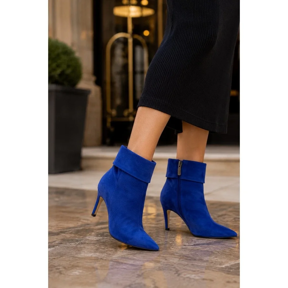 Nine West Gemms Blue Fold Over Pointed Toe Booties Size 6 NWOB